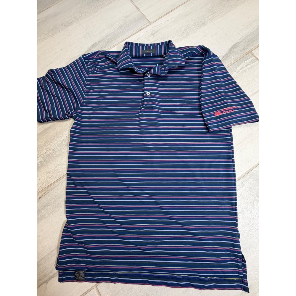 Turtleson Mens Small Navy Blue Striped Amelia Island Plantation Golf Polo Shirt